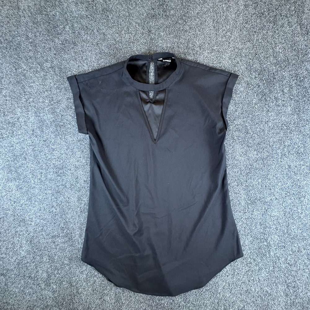 Express Blouse Womens XS Black Stretch Keyhole Front Business Casual Cap Sleeve